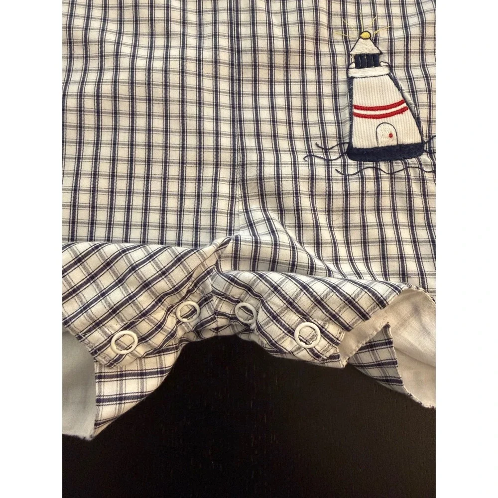 Boys Embroidered Lighthouse Romper Size 24 Mths Blue/White Lined Check One-Piece
